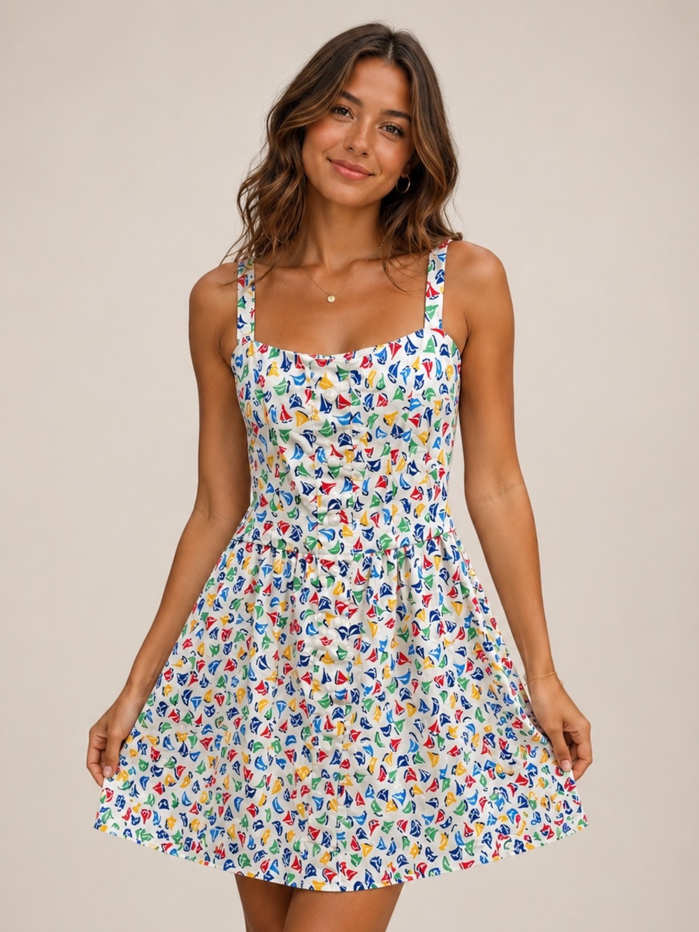 HVN • Primary colors sailboat print poplin cotton mini  dress